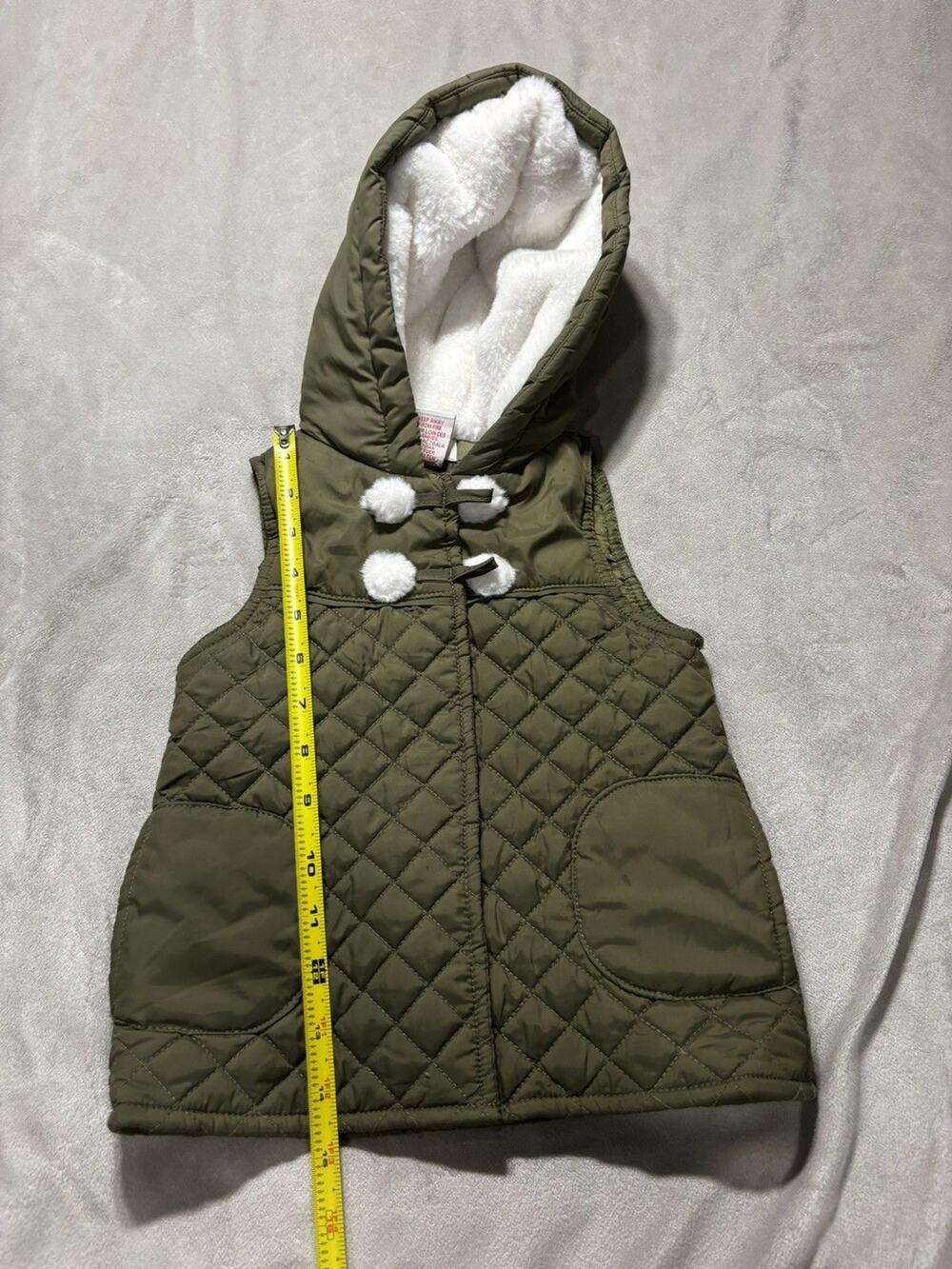 Aspen Quilted Hooded Vest Pom Pom Accents Sherpa Lined Green 3T Fuzzy Zip Up